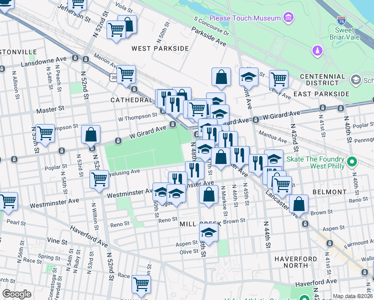 map of restaurants, bars, coffee shops, grocery stores, and more near 1008 North 48th Street in Philadelphia