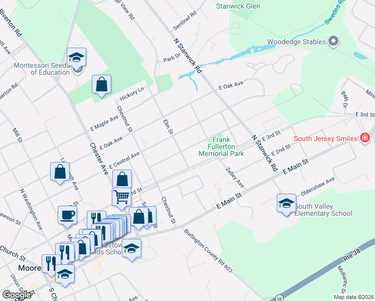 map of restaurants, bars, coffee shops, grocery stores, and more near 316 Elm Street in Moorestown