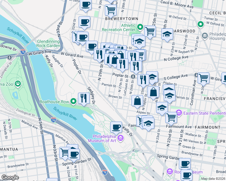 map of restaurants, bars, coffee shops, grocery stores, and more near 2704 Brown Street in Philadelphia