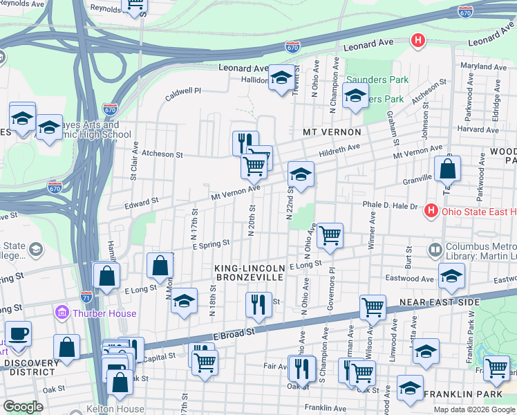 map of restaurants, bars, coffee shops, grocery stores, and more near 231 North 21st Street in Columbus