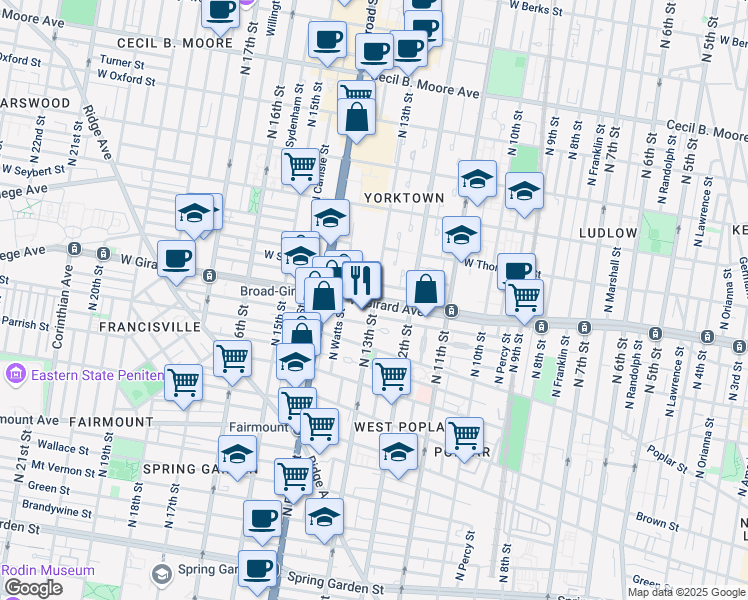 map of restaurants, bars, coffee shops, grocery stores, and more near W Girard Ave & N 13th St in Philadelphia