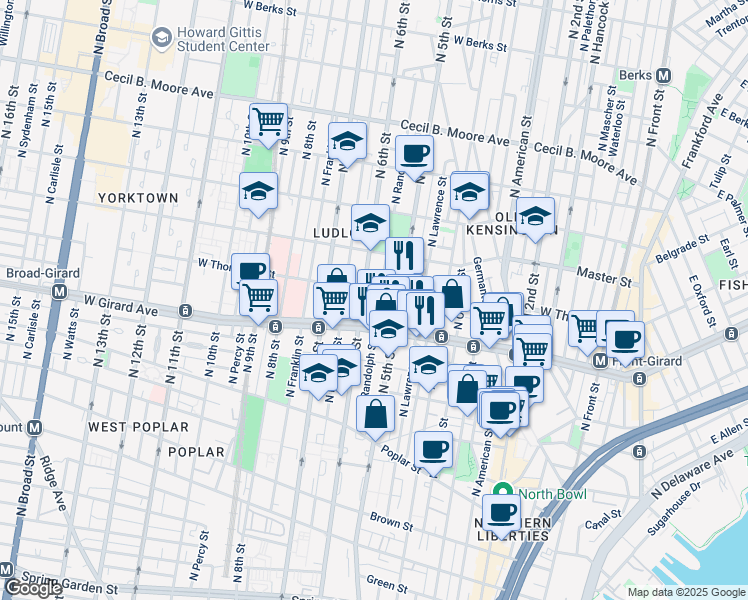 map of restaurants, bars, coffee shops, grocery stores, and more near 1232 North Randolph Street in Philadelphia