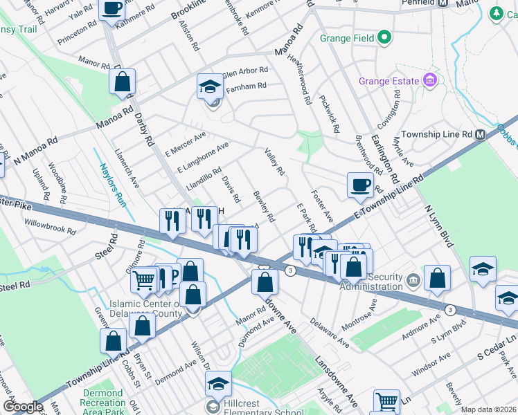 map of restaurants, bars, coffee shops, grocery stores, and more near 22 Tenby Road in Havertown