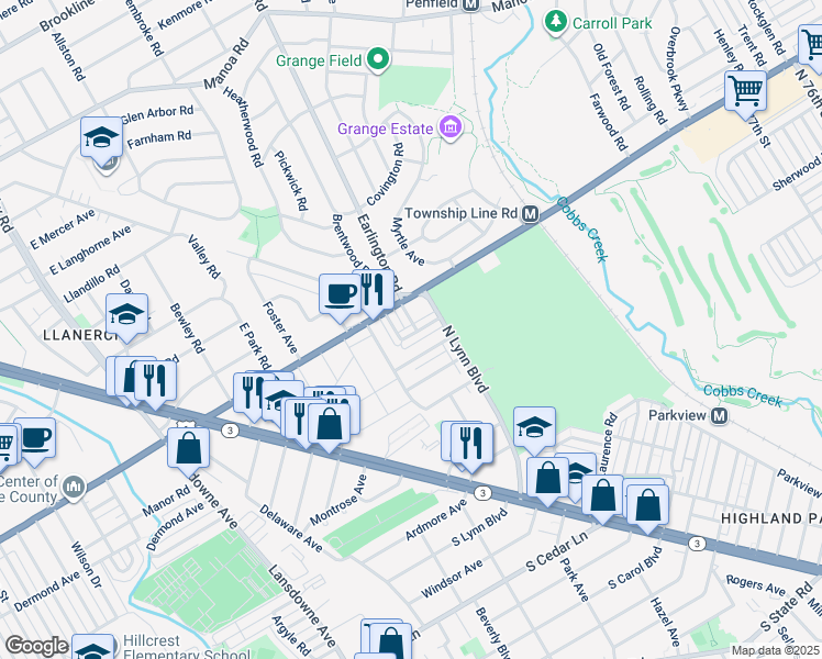 map of restaurants, bars, coffee shops, grocery stores, and more near 240 South Bayberry Lane in Delaware County