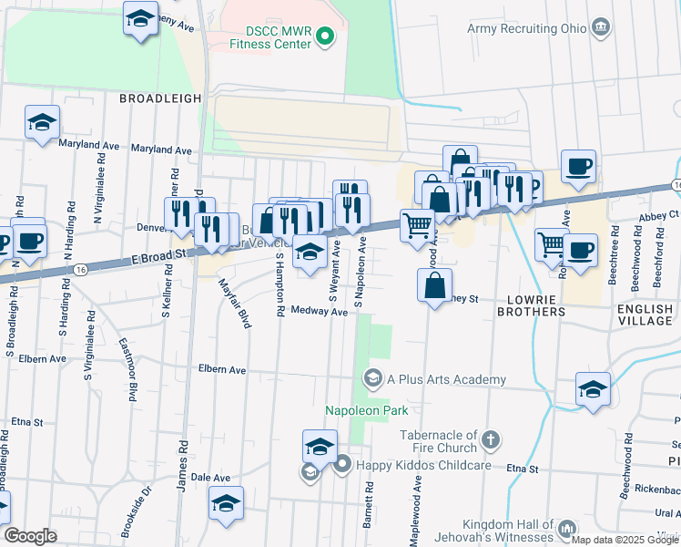 map of restaurants, bars, coffee shops, grocery stores, and more near 64 South Weyant Avenue in Columbus