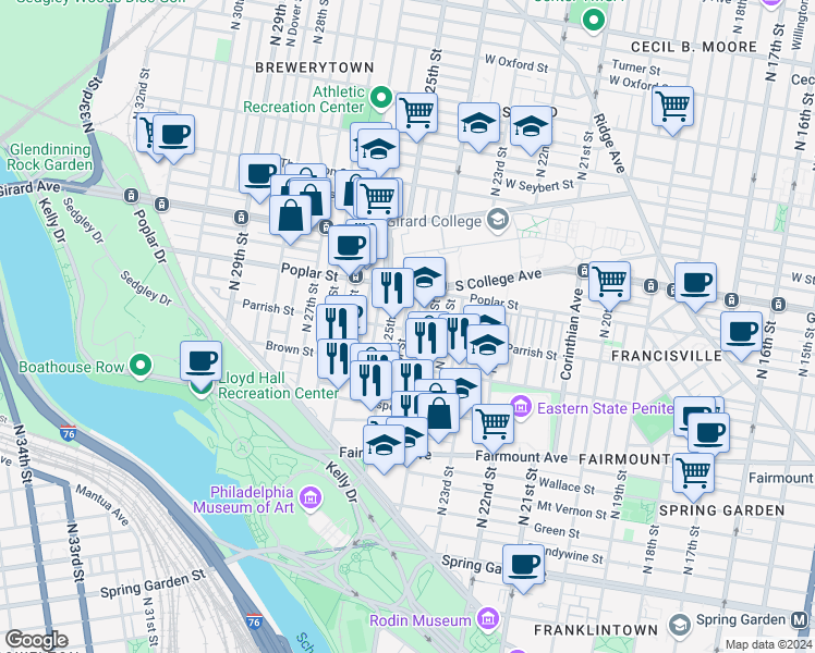 map of restaurants, bars, coffee shops, grocery stores, and more near 851 North Taylor Street in Philadelphia