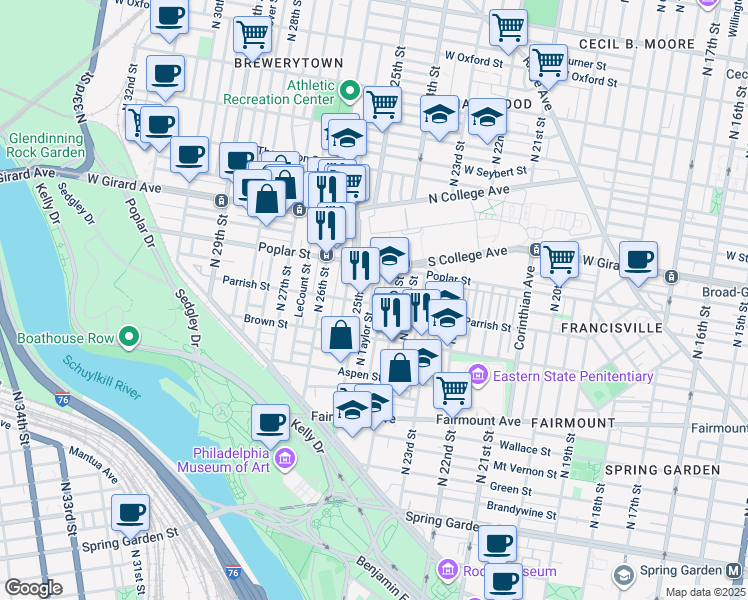 map of restaurants, bars, coffee shops, grocery stores, and more near 851 North Taylor Street in Philadelphia