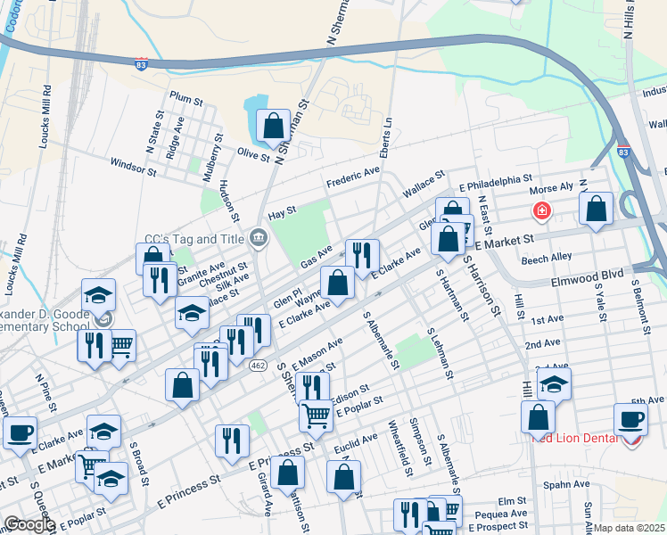 map of restaurants, bars, coffee shops, grocery stores, and more near 956 East Philadelphia Street in York