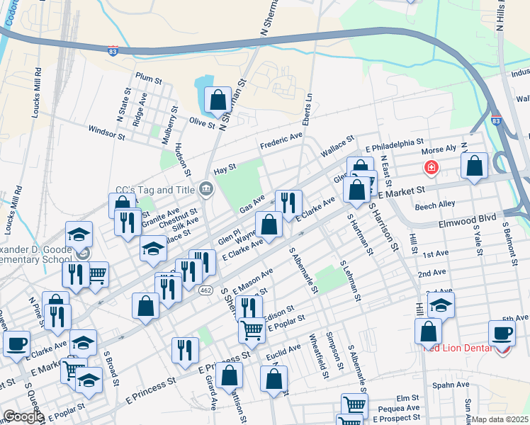 map of restaurants, bars, coffee shops, grocery stores, and more near 954 East Philadelphia Street in York