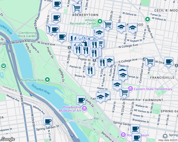 map of restaurants, bars, coffee shops, grocery stores, and more near 829 LeCount Street in Philadelphia