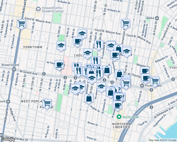 map of restaurants, bars, coffee shops, grocery stores, and more near 1232 North Randolph Street in Philadelphia