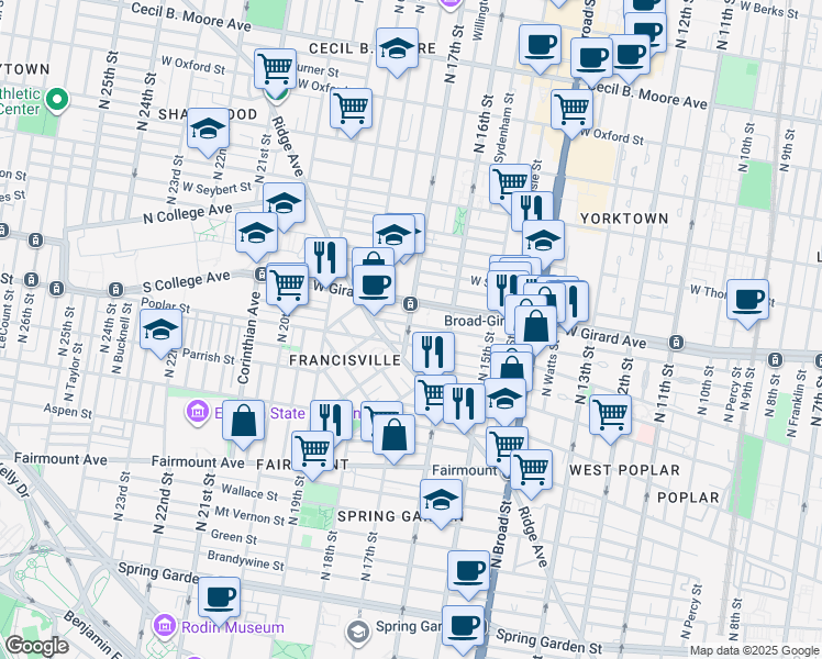 map of restaurants, bars, coffee shops, grocery stores, and more near in Philadelphia