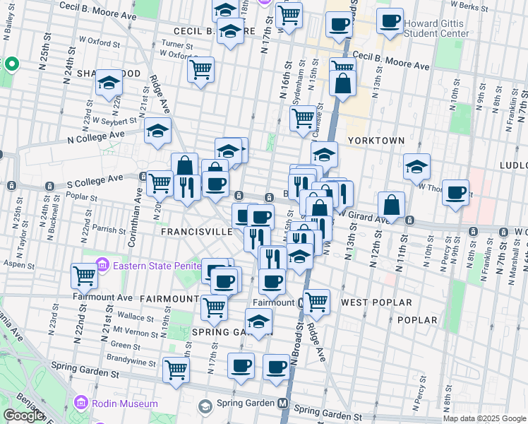 map of restaurants, bars, coffee shops, grocery stores, and more near 937 North 16th Street in Philadelphia