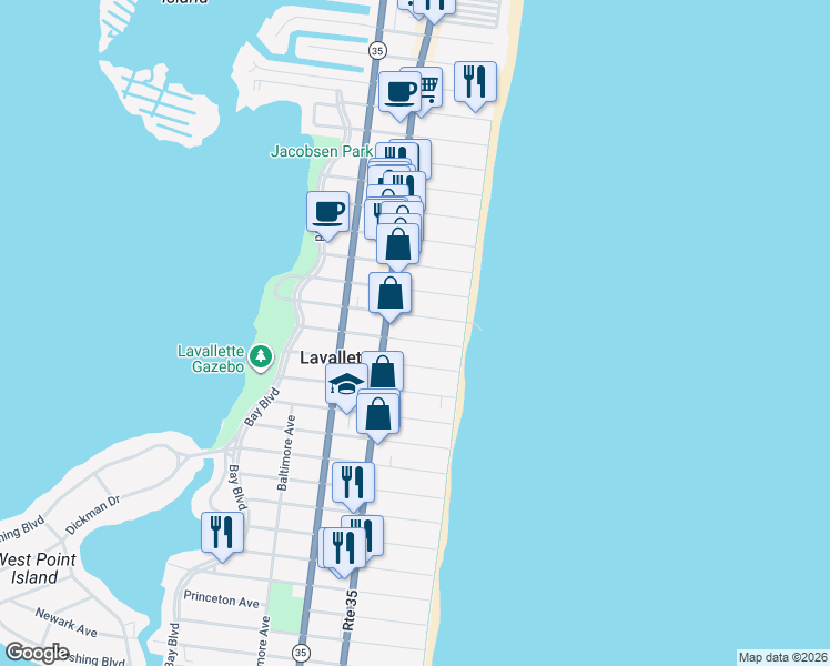map of restaurants, bars, coffee shops, grocery stores, and more near 11 Magee Avenue in Lavallette