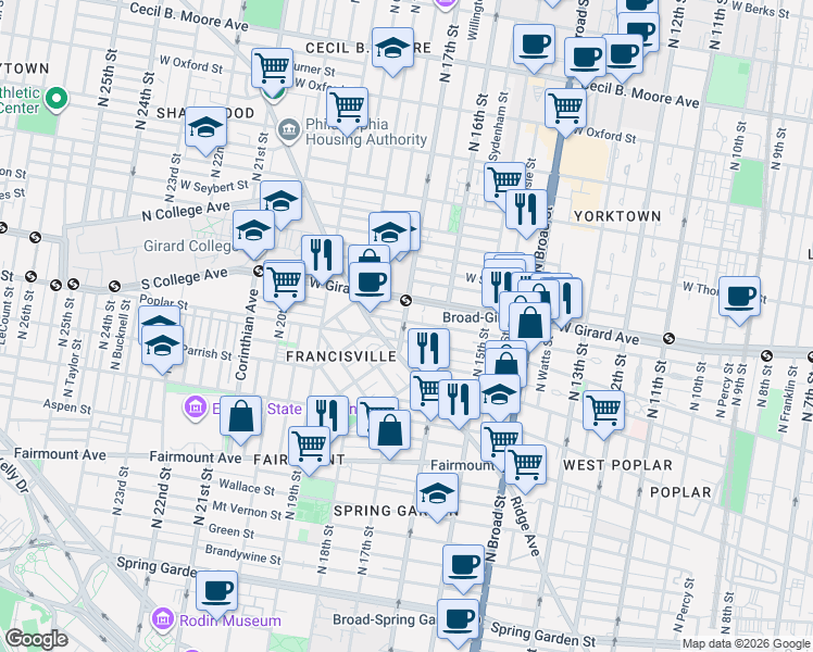 map of restaurants, bars, coffee shops, grocery stores, and more near in Philadelphia