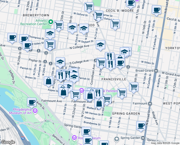 map of restaurants, bars, coffee shops, grocery stores, and more near 885 North Woodstock Street in Philadelphia