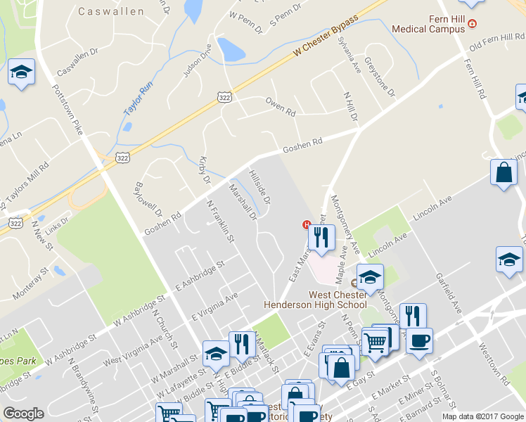 map of restaurants, bars, coffee shops, grocery stores, and more near 702 Hillside Drive in West Chester