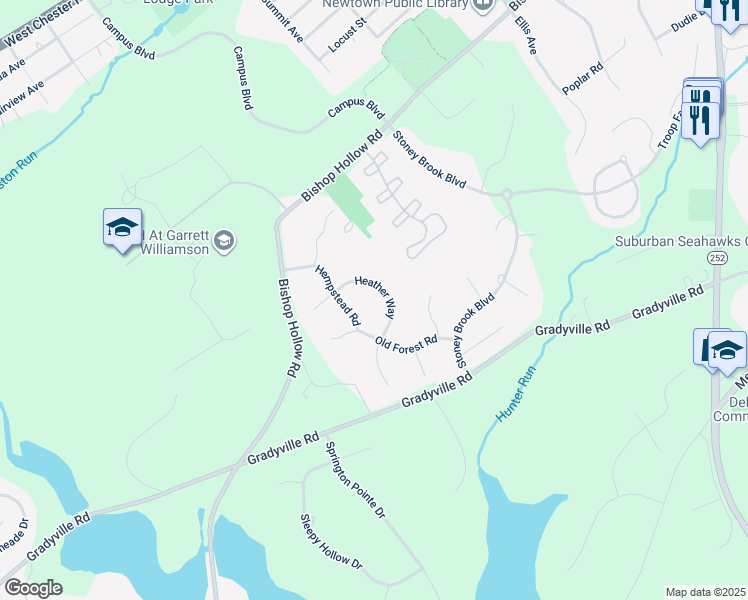 map of restaurants, bars, coffee shops, grocery stores, and more near 19 Heather Way in Newtown Square