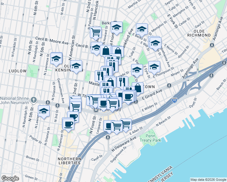 map of restaurants, bars, coffee shops, grocery stores, and more near 1348 Marlborough Street in Philadelphia