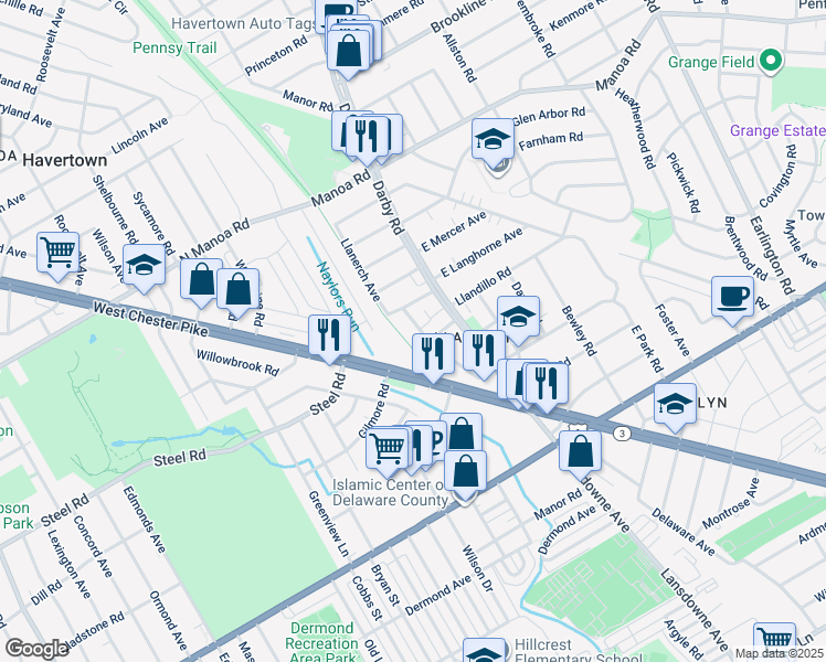 map of restaurants, bars, coffee shops, grocery stores, and more near 420 Llanerch Avenue in Havertown