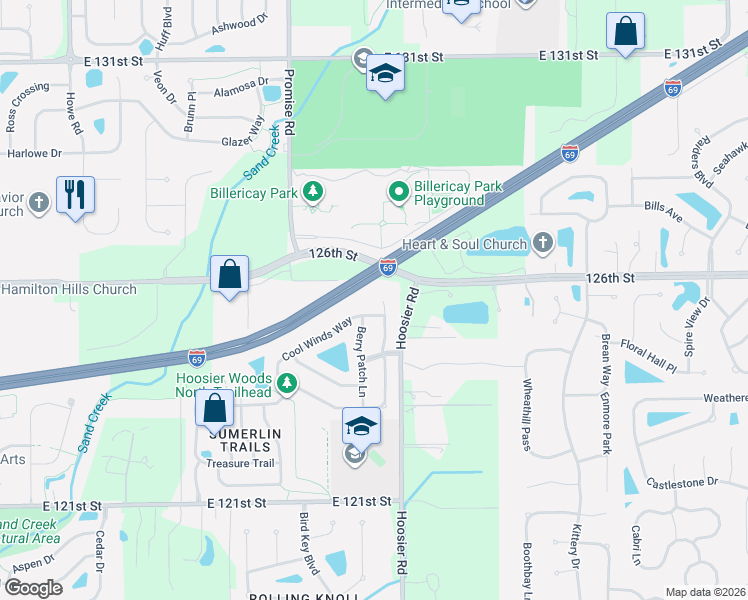 map of restaurants, bars, coffee shops, grocery stores, and more near 12556 Schoolhouse Road in Fishers