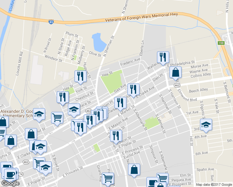 map of restaurants, bars, coffee shops, grocery stores, and more near 927 East Philadelphia Street in York
