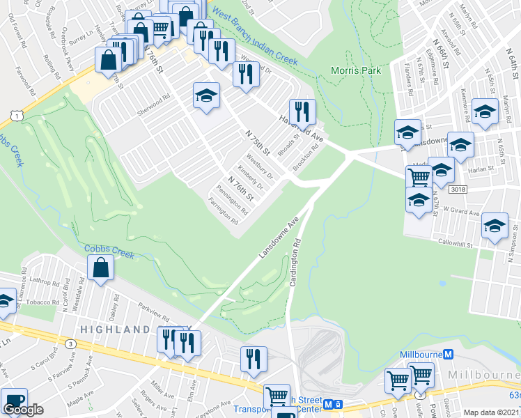 map of restaurants, bars, coffee shops, grocery stores, and more near 7612 Brockton Road in Philadelphia