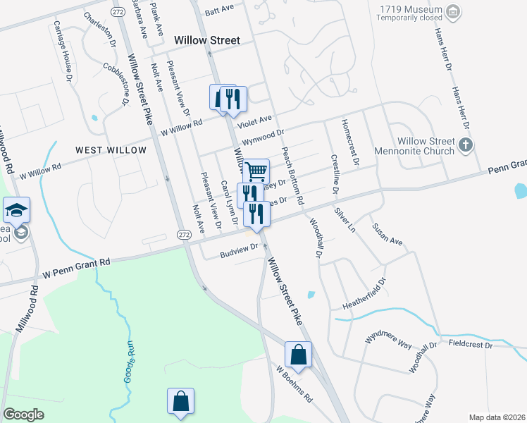 map of restaurants, bars, coffee shops, grocery stores, and more near 2921 Willow Street Pike in Willow Street