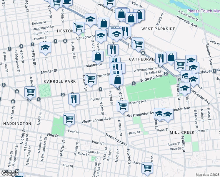 map of restaurants, bars, coffee shops, grocery stores, and more near W Girard Ave & N 53rd St in Philadelphia