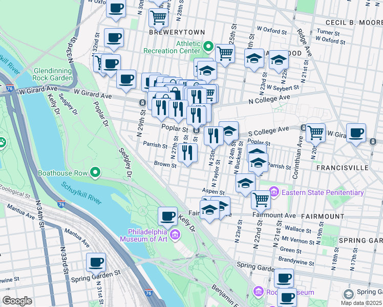 map of restaurants, bars, coffee shops, grocery stores, and more near 2600 Parrish Street in Philadelphia