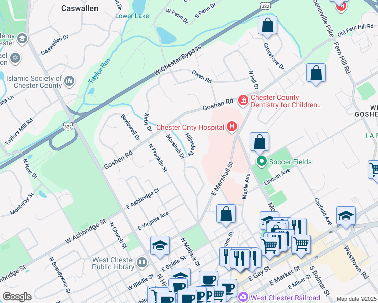 map of restaurants, bars, coffee shops, grocery stores, and more near 702 Hillside Drive in West Chester