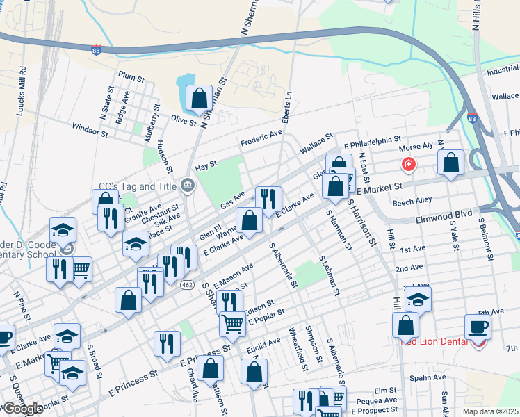 map of restaurants, bars, coffee shops, grocery stores, and more near 975 Wayne Avenue in York