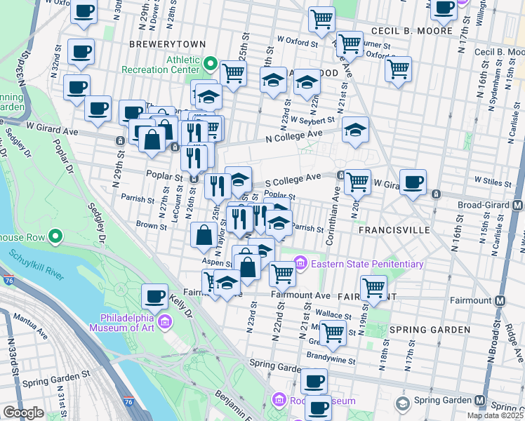 map of restaurants, bars, coffee shops, grocery stores, and more near 867 North Judson Street in Philadelphia