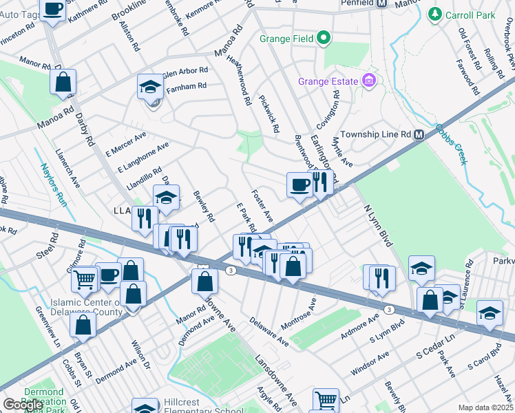 map of restaurants, bars, coffee shops, grocery stores, and more near 122 Foster Avenue in Havertown
