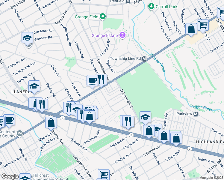 map of restaurants, bars, coffee shops, grocery stores, and more near 240 South Bayberry Lane in Delaware County