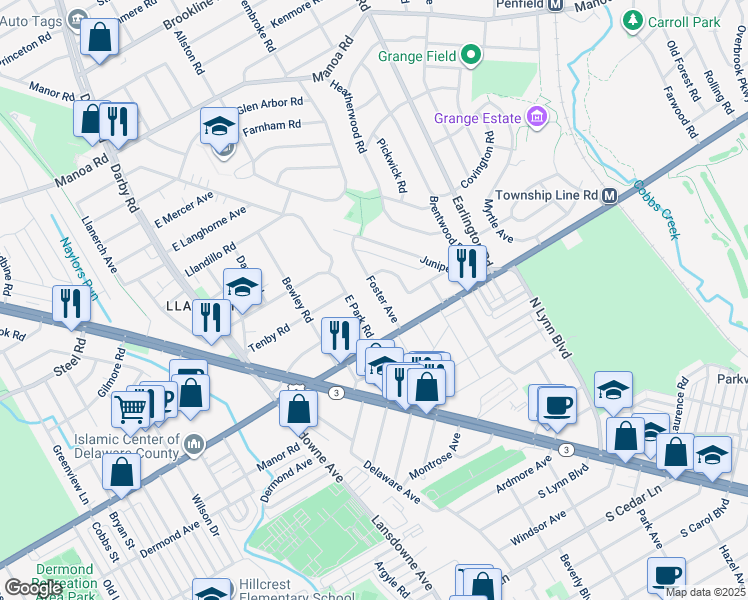 map of restaurants, bars, coffee shops, grocery stores, and more near 122 Foster Avenue in Havertown