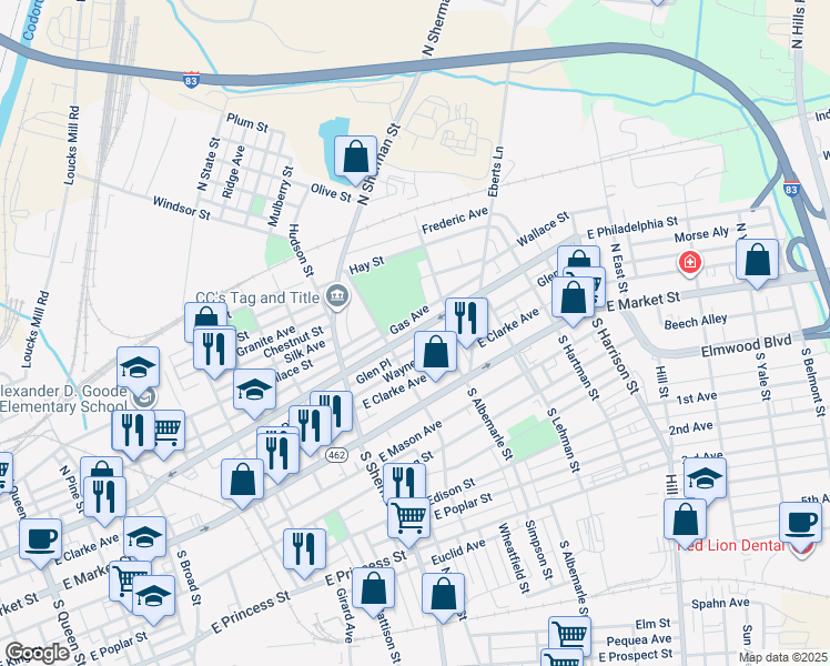 map of restaurants, bars, coffee shops, grocery stores, and more near 940 East Philadelphia Street in York