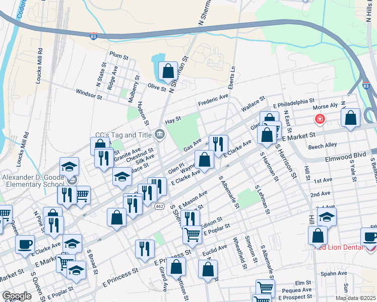 map of restaurants, bars, coffee shops, grocery stores, and more near 915 East Philadelphia Street in York