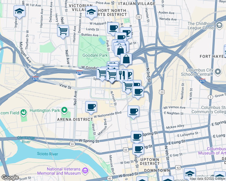 map of restaurants, bars, coffee shops, grocery stores, and more near 59 Spruce Street in Columbus
