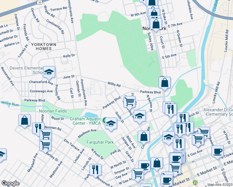 map of restaurants, bars, coffee shops, grocery stores, and more near 710 North Pershing Avenue in York