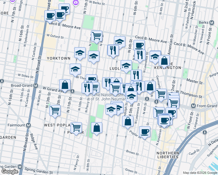 map of restaurants, bars, coffee shops, grocery stores, and more near 1221 North Franklin Street in Philadelphia