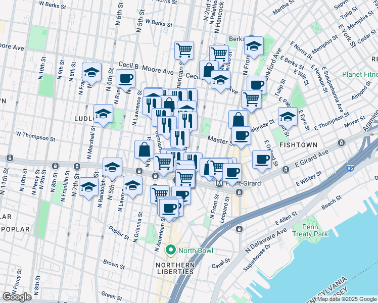 map of restaurants, bars, coffee shops, grocery stores, and more near 1326 North Palethorp Street in Philadelphia