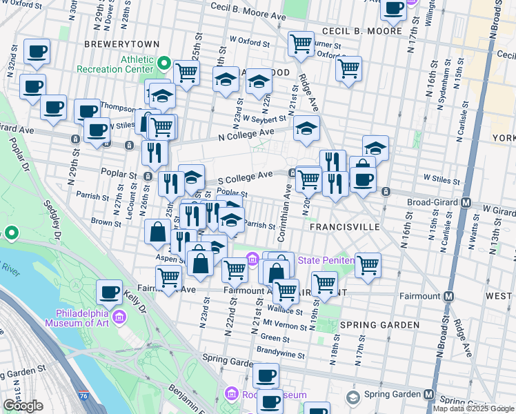 map of restaurants, bars, coffee shops, grocery stores, and more near 882 North 21st Street in Philadelphia