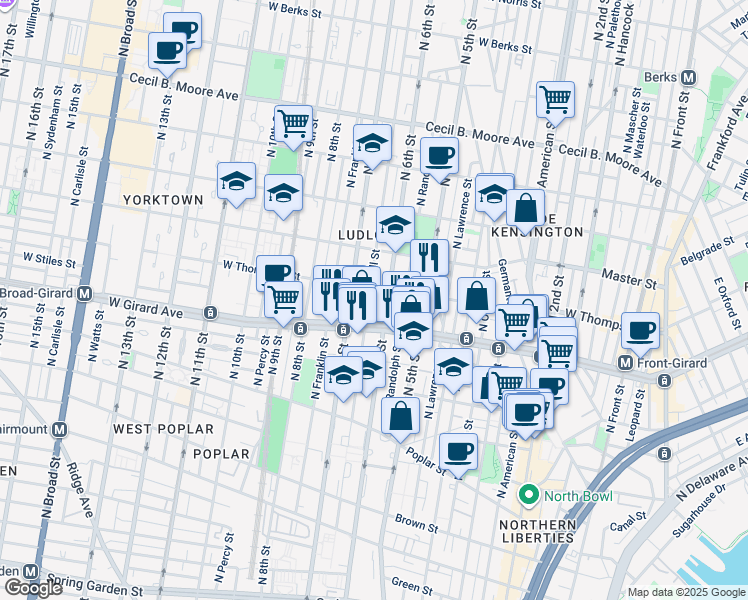 map of restaurants, bars, coffee shops, grocery stores, and more near 1217 North Marshall Street in Philadelphia