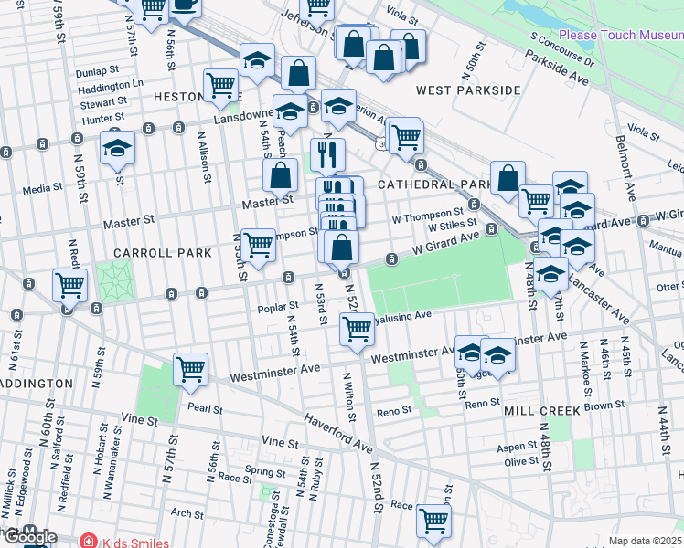 map of restaurants, bars, coffee shops, grocery stores, and more near 5212 West Stiles Street in Philadelphia