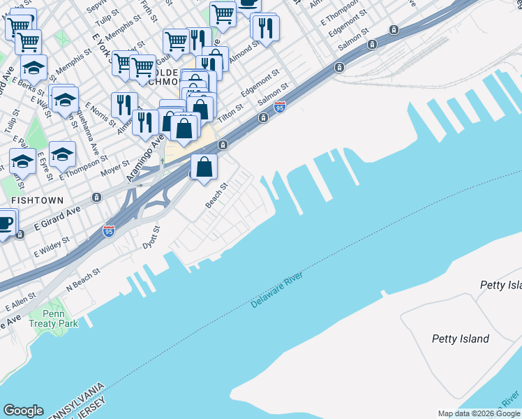 map of restaurants, bars, coffee shops, grocery stores, and more near 2015 Richmond Street in Philadelphia