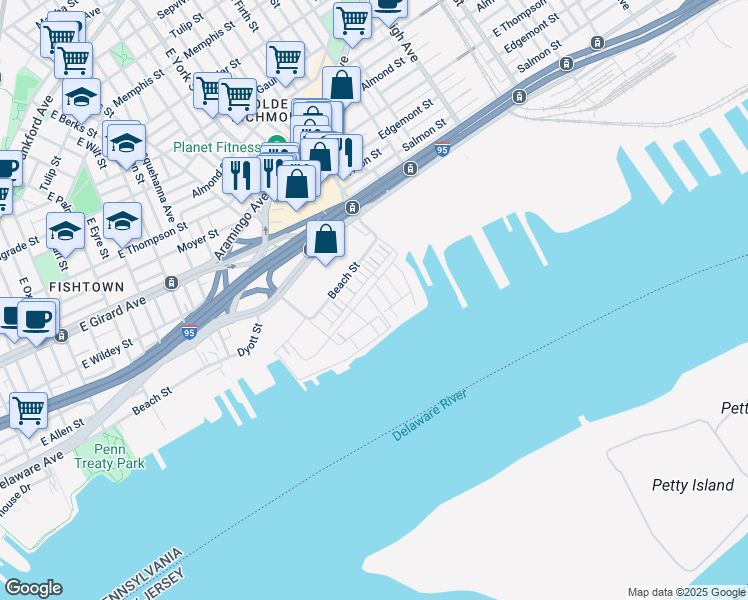 map of restaurants, bars, coffee shops, grocery stores, and more near 2001 Beach Street in Philadelphia