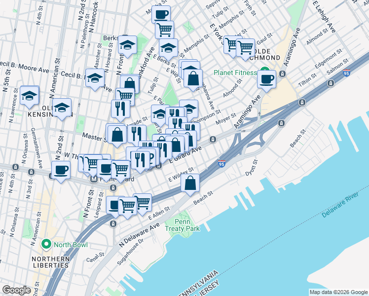 map of restaurants, bars, coffee shops, grocery stores, and more near 1245 East Palmer Street in Philadelphia