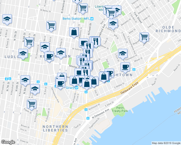 map of restaurants, bars, coffee shops, grocery stores, and more near 1348 Marlborough Street in Philadelphia