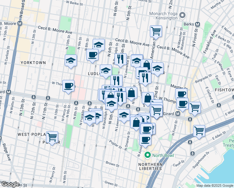 map of restaurants, bars, coffee shops, grocery stores, and more near 1320 North Lawrence Street in Philadelphia
